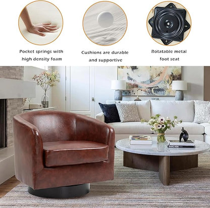 Lumibee Swivel Accent Chair, Faux Leather Swivel Barrel Chair for Living Room, Modern Comfy Upholstered Round Armchair Single Sofa Chair for Bedroom, Club-Red Brown