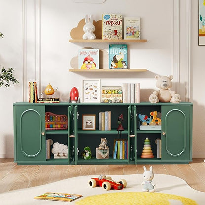 63'' Fluted Sideboard Buffet Cabinet with Storage and 6 Doors, Low Storage Cabinet Modern Wooden Accent Credenza Console Table for Kitchen Dining Living Room Entryway, (63"W*15.75"D*21.4"H) Green