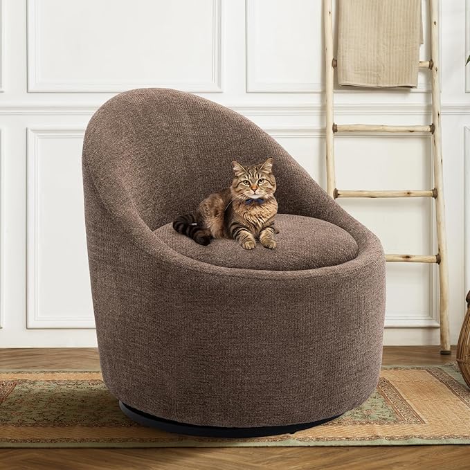 360° Swivel Accent Chair, Mid-Century Modern Chair with Hidden Storge, Small Swivel Chair with Arms for Living Room/Office-Brown