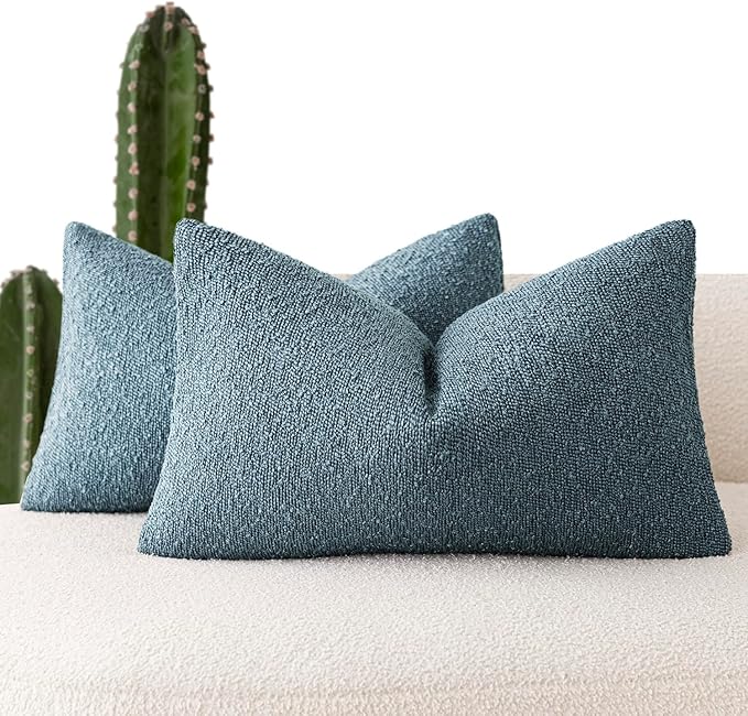 Foindtower Pack of 2 Textured Boucle Throw Pillow Covers Accent Solid Decorative Lumbar Pillow Cases Cozy Couch Cushion Case for Chair Sofa Bedroom Living Room Home Decor 12x20 Inch Misty Blue