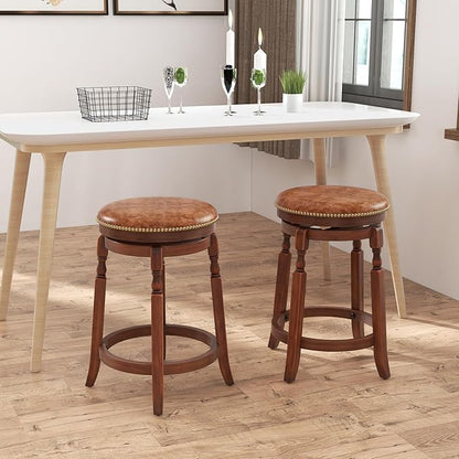 COSTWAY Round Swivel Wooden Bar Stools Set of 2, 24-inch Upholstered Backless PU Leather Farmhouse Counter Chairs with Footrest, Decorative Rivets for Kitchen Island, Dining Room, Walnut