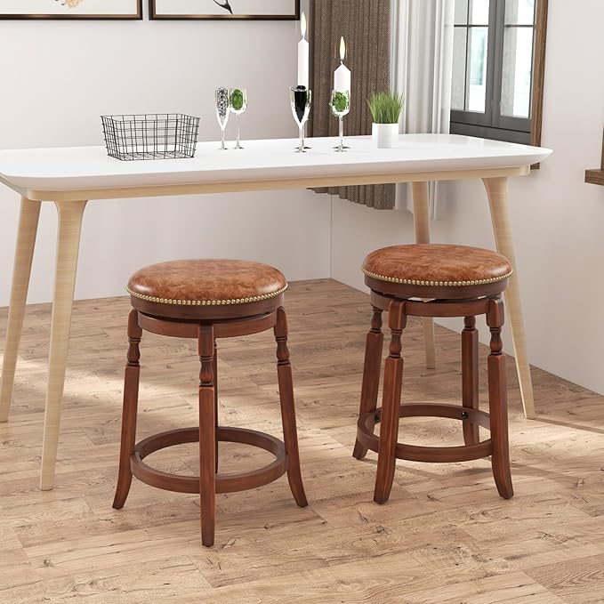 COSTWAY Round Swivel Wooden Bar Stools Set of 4, 24-inch Upholstered Backless PU Leather Farmhouse Counter Chairs with Footrest, Decorative Rivets for Kitchen Island, Dining Room, Walnut