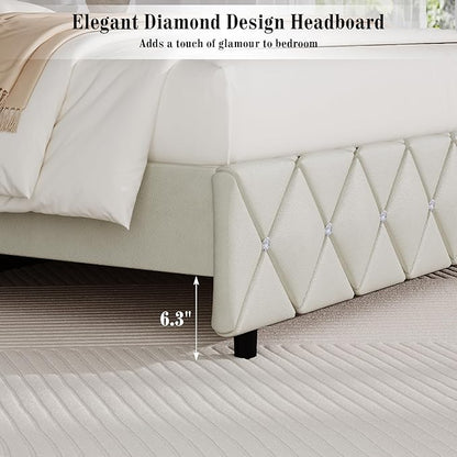 BarnFurin Full Bed Frame with Diamond Tufted Headboard, Faux Leather Upholstered Bed with Wooden Slats Support, No Box Spring Needed, Mattress Foundation, Easy Assembly, Cream