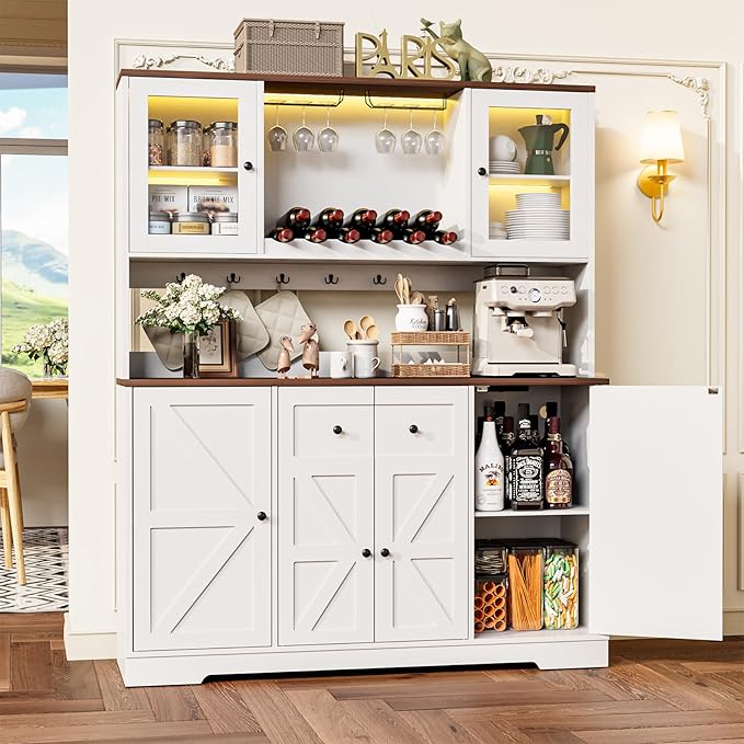 68" Tall Kitchen Pantry Storage Cabinet with Charging Station, 55" Wide Kitchen Hutch Cabinet with Large Countertop, Farmhouse Buffet Cabinet with Wine Holder & Wine Rack for Dining Room, White
