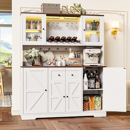 68" Tall Kitchen Pantry Storage Cabinet with Charging Station, 55" Wide Kitchen Hutch Cabinet with Large Countertop, Farmhouse Buffet Cabinet with Wine Holder & Wine Rack for Dining Room, White
