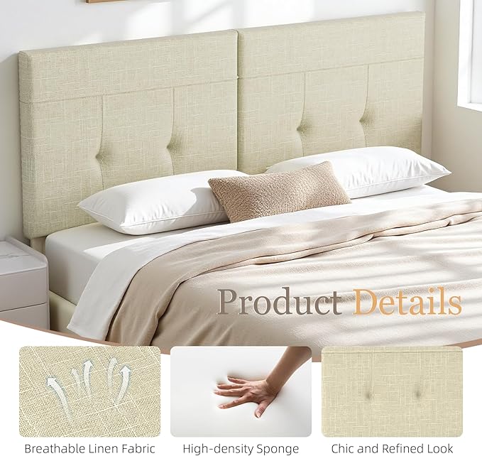Headboard Queen Size Upholstered Linen, Queen Headboard with Sturdy Metal Legs, Tufted Upholstery Design Headboards with Adjustable Width & Height (Linen)