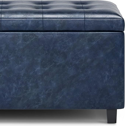 SIMPLIHOME Cosmopolitan Storage Ottoman - 34 inch Wide Upholstered Vegan Leather Rectangle Storage Ottoman Bench in Denim Blue, Transitional Tufted Ottoman for Living Room or Entryway with Lift-Up Lid