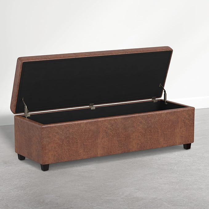 SIMPLIHOME Avalon Storage Ottoman - 54 inch Wide Upholstered Solid Wood Rectangular Ottoman Bench in Distressed Pecan Brown, Contemporary Ottoman for Bedroom or Living Room with Lift-Up Lid