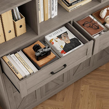 HOSTACK 71" Tall Bookcase with Drawers and Doors, 47" Wide Book Shelf and Bookcase with Storage, 6 Tier Large Book Storage Cabinet with 14" Deep Display Shelves for Living Room, Home Office, Ash Grey