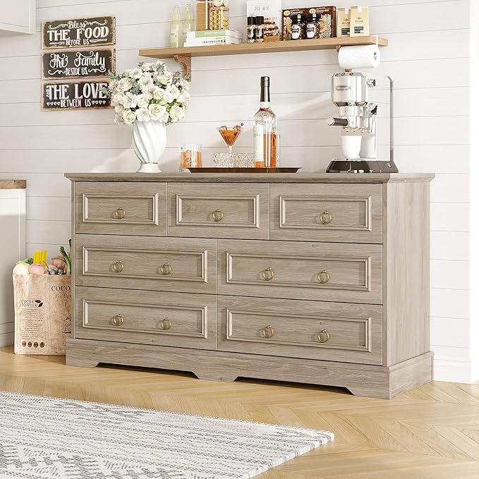 Maupvit Dresser, Vintage Design Wood Rustic Chest of Drawers with Natural Texture, Sturdy & Durable Farmhouse Dresser, Ideal Storage Dressers for Living Room (Grey, 7 Drawers)