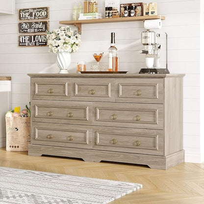 Maupvit Dresser, Vintage Design Wood Rustic Chest of Drawers with Natural Texture, Sturdy & Durable Farmhouse Dresser, Ideal Storage Dressers for Living Room (Grey, 7 Drawers)