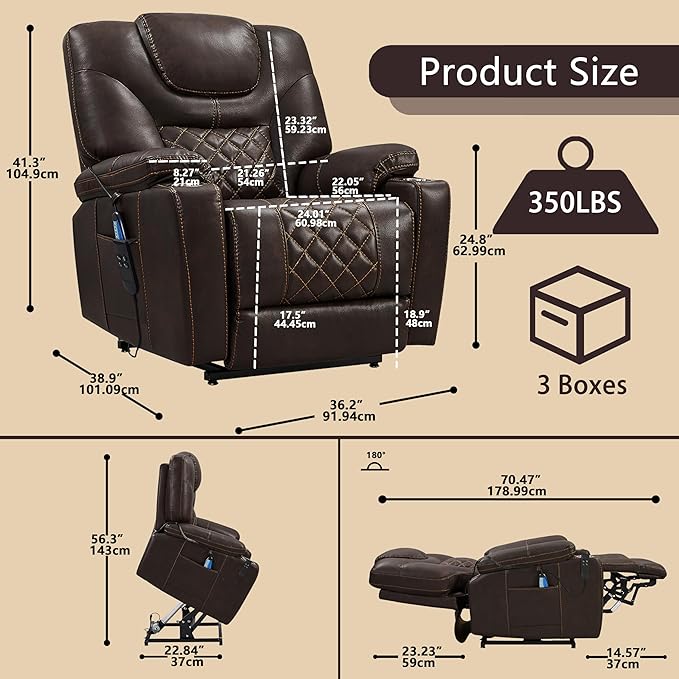 Lift Chair for Elderly: 9988 High Density Foam Lay Flat Heat and Massage, Reclining to 180, 2 Pockets Cup Holders, 2 Remote Controls, Dual OKIN Motors - Breathable Leather Reddish Brown