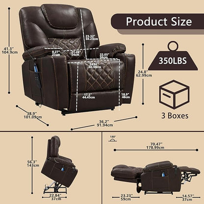 Lift Chair for Elderly: 9988 High Density Foam Lay Flat Heat and Massage, Reclining to 180, 2 Pockets Cup Holders, 2 Remote Controls, Dual OKIN Motors - Breathable Leather Reddish Brown