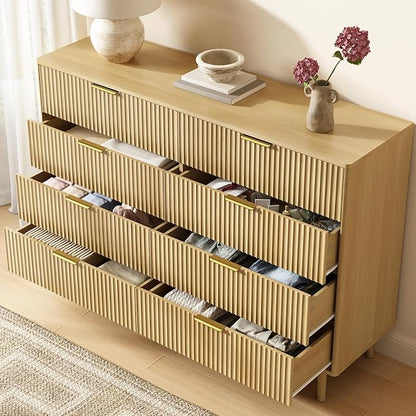 CARPETNAL Fluted 8 Drawer Dresser for Bedroom, 55" Wide Wooden Chest of Drawers with Rounded Corners, Gold Handles, Modern Storage Organizer for Bedroom, Hallway(Oak)