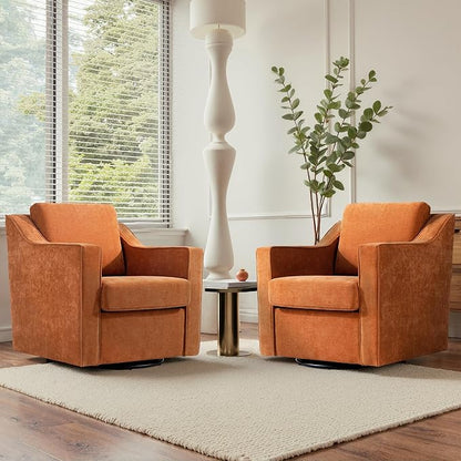 UIXE Swivel Accent Chairs Set of 2, Chenille Upholstered Arm Chair for Living Room, Modern Club Armchair Comfy Single Sofa Bedroom Reading Seat with Lumbar Pillow - Orange
