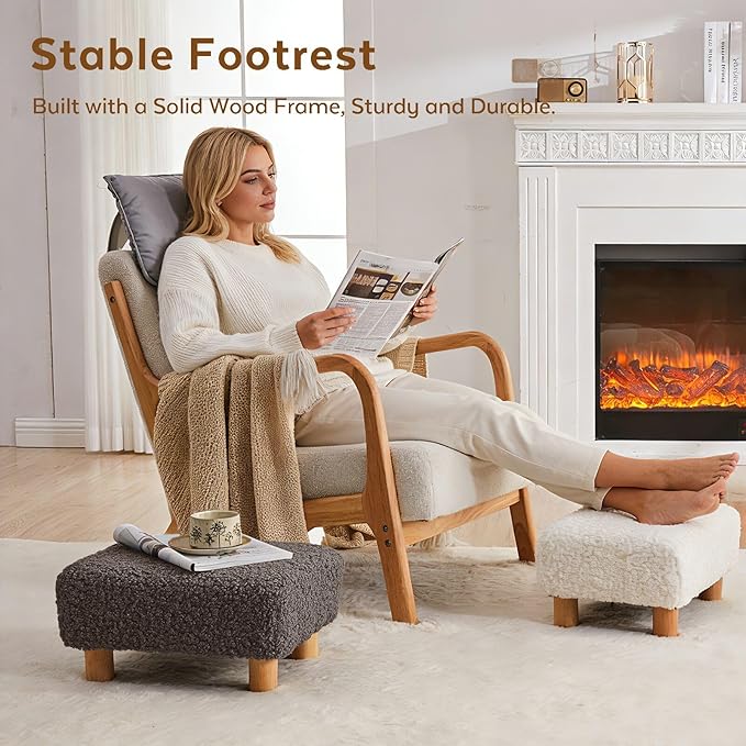 Small Foot Stool Ottoman, Sherpa Footstool Ottoman Foot Rest for Couch, Rectangle Footstools and Ottomans Small for Living Room, Entryway and Bedroom (Brown)