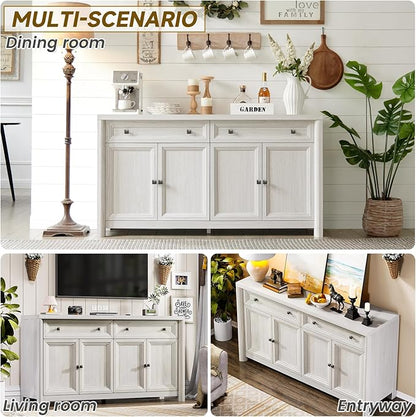Farmhouse 59" Large Buffet Cabinet with Storage, White Sideboard Cabinets with 4 Doors and 2 Drawers, 32.1" Tall Wood Credenza Coffee Bar Console Kitchen Cabinet for Living Dining Room