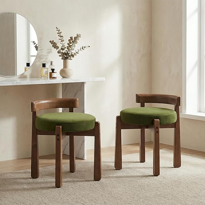 HNY Vintage Green Velvet Makeup Ottoman Set of 2 Compact Round Vanity Chairs with Wooden Legs, Perfect for Small Spaces Like Entryway, Cloakroom & Boudoir