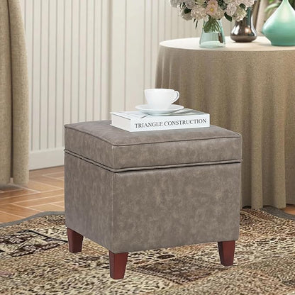Asense Square Storage Ottoman Faux Leather Upholstered Footrest Footstool with Wooden Legs, Grey
