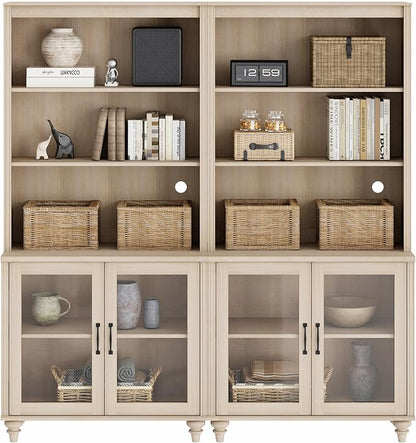WAMPAT 5 Tier Bookshelf 72" Tall Bookcase with Glass Doors,Large Farmhouse Display Book Shelf with Adjustable Shelves and Storage Cabinet，Library Wood Bookshelves for Living Room,Kitchen, Light Oak