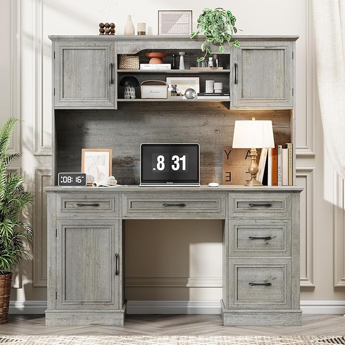 67" H Farmhouse Executive Desk with Hutch. Wood Workstation with 5 Drawers, Storage Cabinet, File Drawers and Charging Station, Ideal as Office Desks, Computer Desk for Home Office and Study.Gray