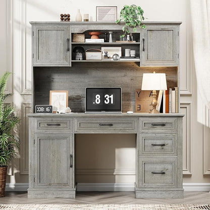 67" H Farmhouse Executive Desk with Hutch. Wood Workstation with 5 Drawers, Storage Cabinet, File Drawers and Charging Station, Ideal as Office Desks, Computer Desk for Home Office and Study.Gray