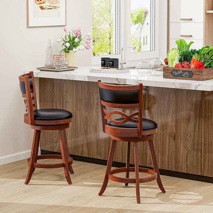 COSTWAY Bar Stools Set of 2, 24.5” Counter Height Stools with Rubber Wood Frame, Faux Leather Upholstered Seat and Backrest, Swivel Barstools for Kitchen Island, Pub, Brown (2, Seat Height: 24.5”)