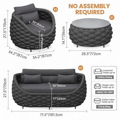 Rope Patio Furniture Set: 4 Pieces Aluminum Outdoor Couch Set Cushioned - Assembled Porch Conversation Sofa Set Modern - Metal Patio Seating for 5 Person Deck Garden Poolside Hotel, Dark Gray
