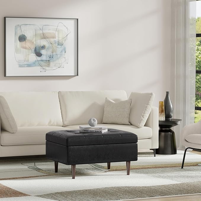 SIMPLIHOME Shay 34 inch Wide Mid Century Modern Small Rectangle Coffee Table Storage Ottoman in Distressed Black Vegan Faux Leather, Assembled, for The Living Room, Entryway and Family Room