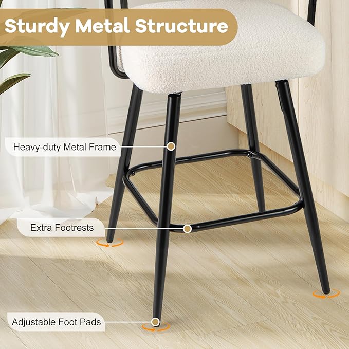 COSTWAY Counter Height Bar Stools Set of 4, 27" Swivel Modern Upholstered Counter Chairs with Boucle Fabric, Curved Backrests & Metal Legs, for Kitchen Island, Home, Pub (4, White + Black)