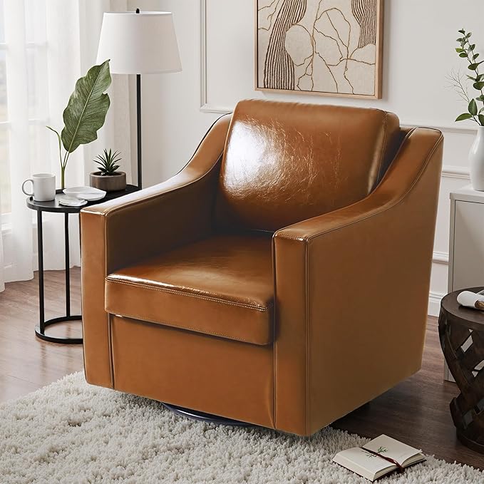 UIXE Faux Leather Swivel Accent Chair, Upholstered Arm Chair for Living Room, Modern Club Armchair Comfy Single Sofa Bedroom Reading Seat with Lumbar Pillow - Cognac Brown