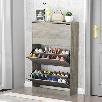 Shoe Storage Cabinet with 3 Flip Drawers, Slim Hidden Wood Shoe Cabinet Storage for Entryway, Freestanding Narrow Shoe Rack Organizer with Adjustable Shelves for Foyer, Hallway, Grey
