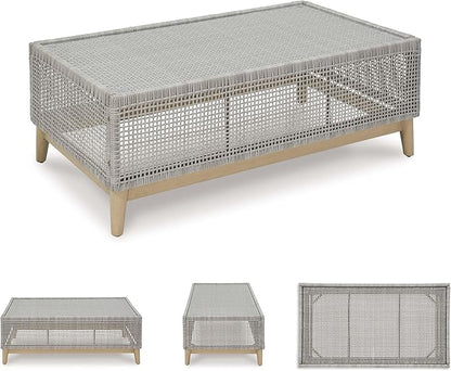 Signature Design by Ashley Seton Creek Casual Resin Wicker Outdoor Coffee Table with Tempered Glass Tabletop, Light Gray & Light Brown