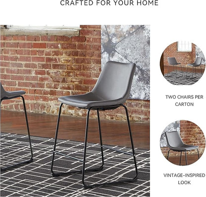 Signature Design by Ashley Centiar Modern Faux Leather 23.75" Counter Height Bucket Seat Barstool, Tubular Metal Base, Footrest for Comfort, Set of 2, Gray