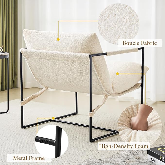 Furnilivng Large Sling Accent Chair, Comfortable Boucle Fabric Arm Chair, Upholstered Cozy Reading Chair for Living Room, Bedroom, Dressing Room, Home Office, White