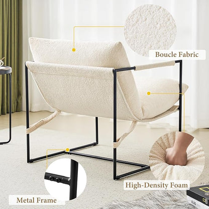 Furnilivng Large Sling Accent Chairs Set of 2, Comfortable Boucle Fabric Arm Chair, Upholstered Cozy Reading Chair for Living Room, Bedroom, Dressing Room, Home Office, White