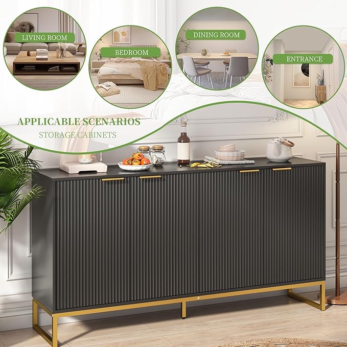 Fluted Accent Storage Cabinet, Kitchen Sideboard Buffet with 4 Fluted Doors, Adjustable Shelves for Living Room, Dining Room, Hallway (Black 4 Door)