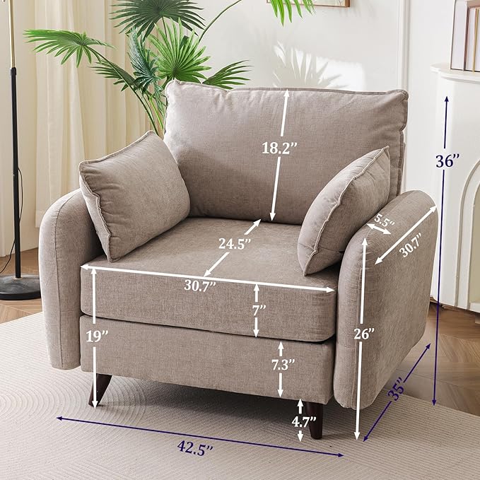 Oversized Accent Chair with All Seats Storage,Comfy Living Room Chairs with 2 Throw Pillow,Upholstered Mid-Century Armchair,24.5'' Deep Seat,Reading Chair for Bedroom,Office,Chenille,Khaki