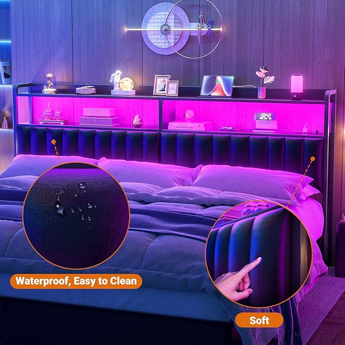 Aheaplus Headboard for King Size Bed Frame, Upholstered Headboards with Outlets, USB Ports and LED Light, Leather Head Board with Storage, Height Adjustable, Comfortable Headboard, King Size, Black