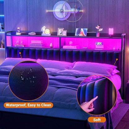 Aheaplus Headboard for King Size Bed Frame, Upholstered Headboards with Outlets, USB Ports and LED Light, Leather Head Board with Storage, Height Adjustable, Comfortable Headboard, King Size, Black