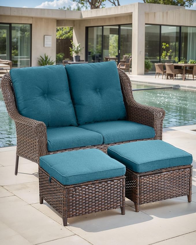 Patio Loveseat Outdoor Wicker Sofa - Heavy Duty All-Weather Brown Rattan 2-Person Sofas with High Back and Comfortable Thick Cushions for Garden Back Porch Poolside Apartment - Peacock Blue