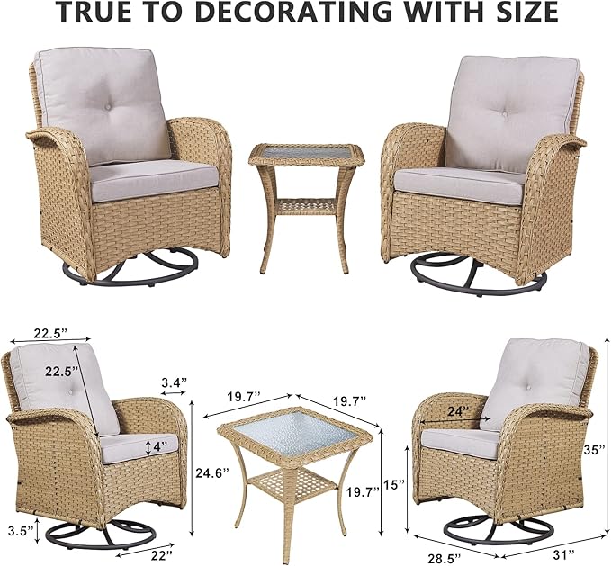 HUMMUH Swivel Patio Chair 3 Piece PE Wicker Patio Furniture Set with Rocking Chairs and Side Table Outdoor Bistro Set for Porch,Garden,Deck,Poolside
