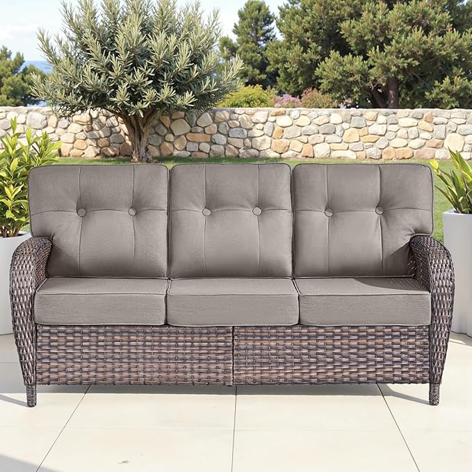 6-Piece Rotating Balcony Chair Set with 31-inch T-Shaped Wide backrest - Rattan Outdoor Rotating Balcony Chairs, Wide backrest Comfortable Outdoor Sliding Chair - Brown | Grey