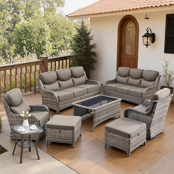 Belord Luxury 6" Thick Cushioned 8 Pieces Patio Furniture Set with Outdoor Couch, Wicker Outdoor Conversation Set with High Back Swivel Rocker Chairs for Deck Porch Yard and Poolside - Grey+Grey
