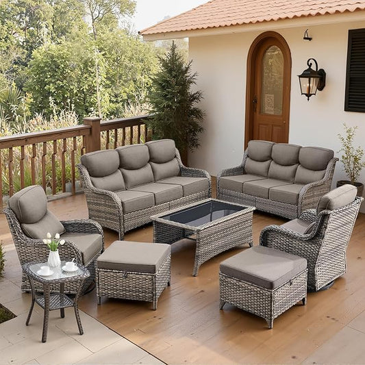 Belord Luxury 6" Thick Cushioned 8 Pieces Patio Furniture Set with Outdoor Couch, Wicker Outdoor Conversation Set with High Back Swivel Rocker Chairs for Deck Porch Yard and Poolside - Grey+Grey