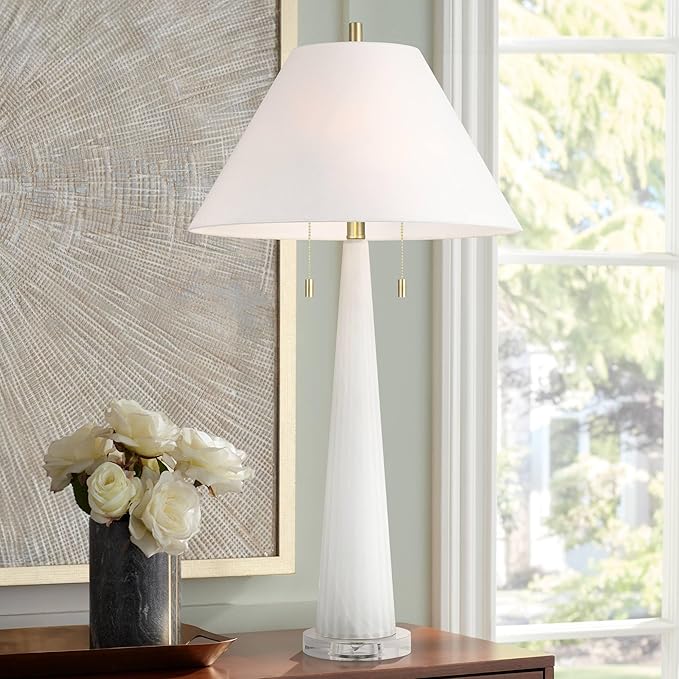 Possini Euro Design Regina 33" Tall Large Modern Glam End Table Lamp 2-Light Pull Chain White Finish Glass Single Fabric White Shade Living Room Bedroom Bedside Nightstand House Office Home Reading