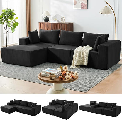 109" Cloud Sectional Couch, Boneless Couches for Living Room, Modular Sectional Sofa with Deep Seat, L-Shape Couch with Chaise, Comfy Corduroy Fluffy Modern Modular Sofa, No Assembly Required, Black