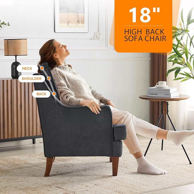 VINGLI Mid-Century Modern Accent Chairs Set of 2, Black Upholstered Armchair Comfy Sofa Chairs Reading Chair High Back for Living Room Bedroom Furniture Apartment