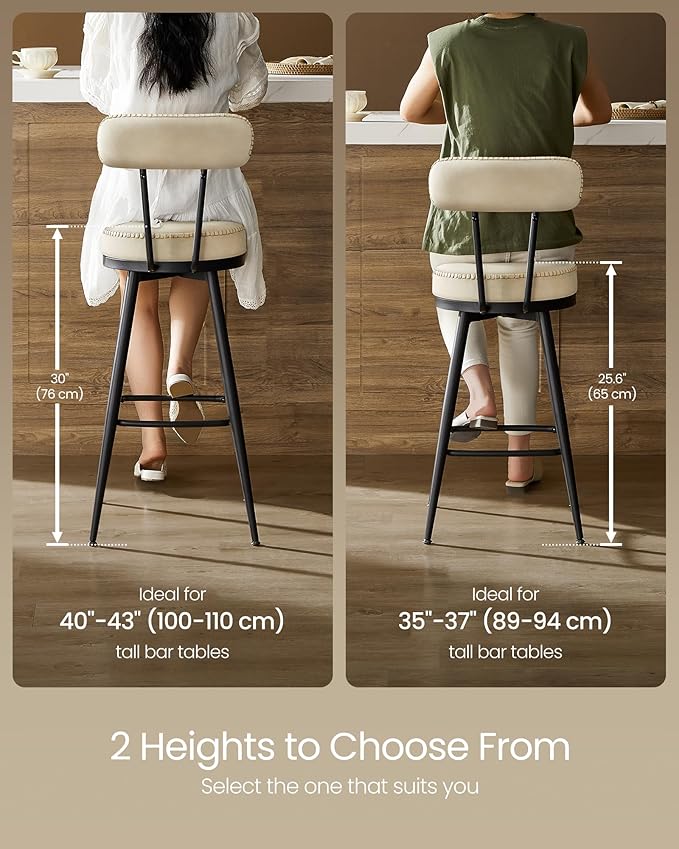 VASAGLE EKHO Collection - Bar Stools Set of 2, Swivel Counter Height Bar Stools with Back, Synthetic Leather with Stitching, Mid-Century Modern, 25.6-Inch Tall Barstools for Kitchen Bar, Cream White