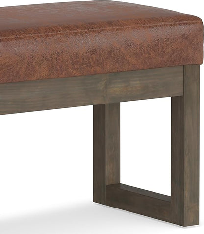 SIMPLIHOME Milltown 27 inch Wide Contemporary Rectangle Footstool Ottoman Bench in Distressed Saddle Brown Vegan Faux Leather, Assembled, for the Living Room and Bedroom
